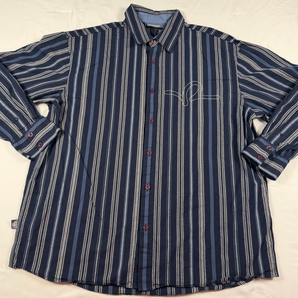 Rocawear Men 3XL Striped Button Down Navy Blue Long Sleeve Cotton Y2K Streetwear